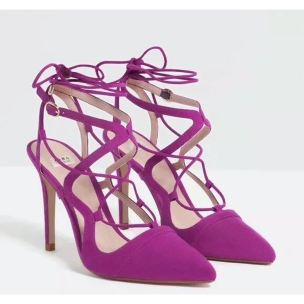 SOLD!! ZARA TRAFALUC Women Fuchsia Magenta Pink Suede Ankle Heel Shoes 37 6.5 US - Picture 5 of 10